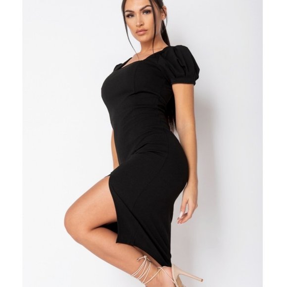 Black Short Puff Sleeve Split Bodycon Midi Dress - Picture 2 of 8